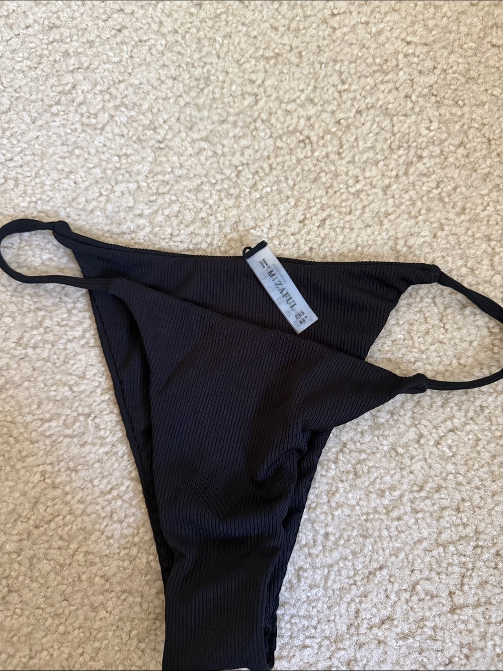 Zaful Black Ribbed String Bikini Bottom